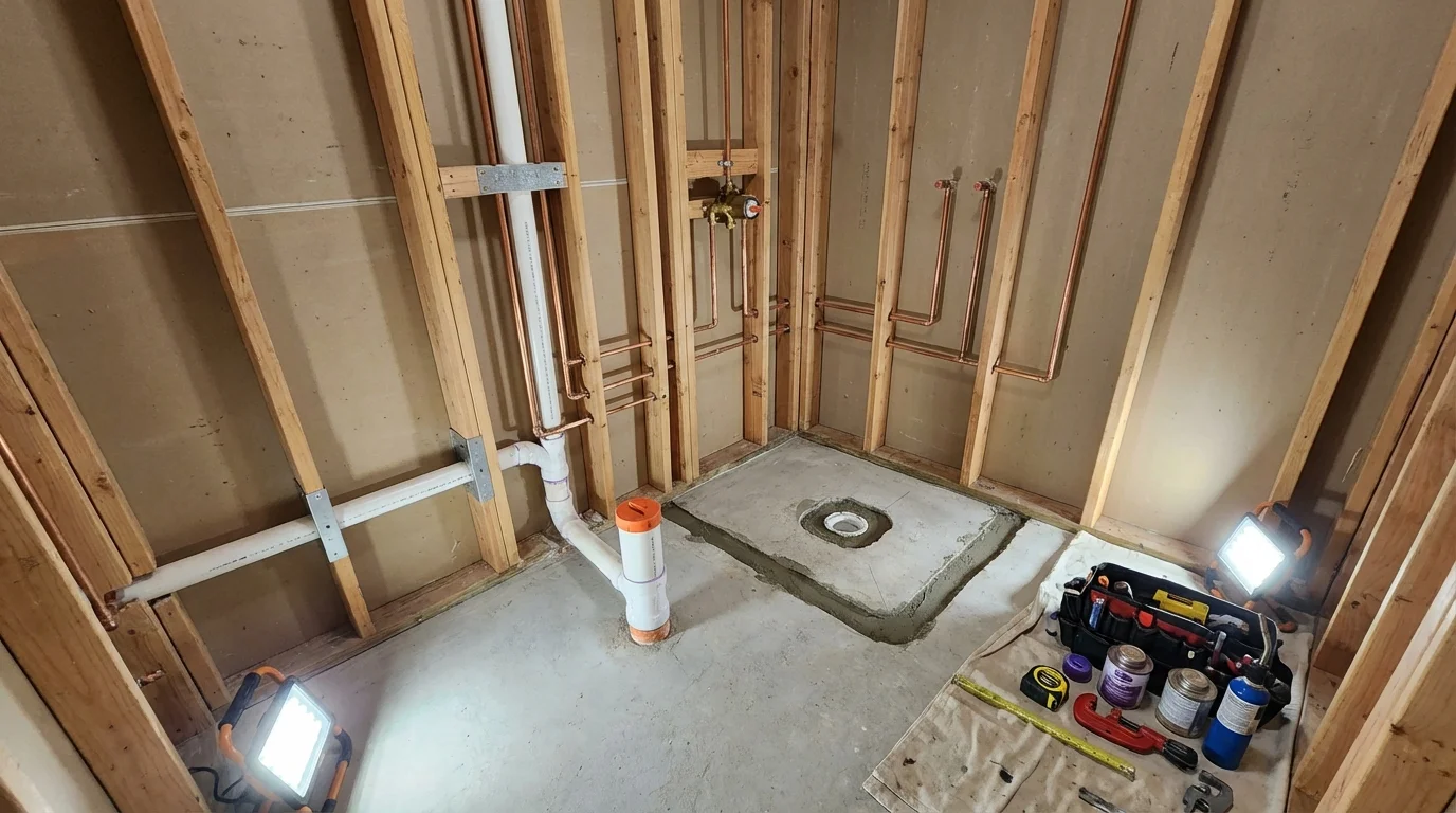 Bathroom rough-in plumbing during remodel by Johns Plumbing LLC in Munford