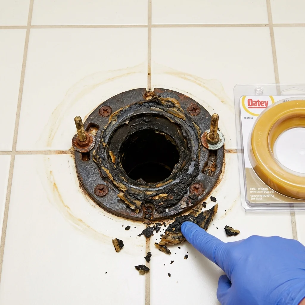 Failed wax ring showing water seepage at the base of a toilet in a Munford, AL home