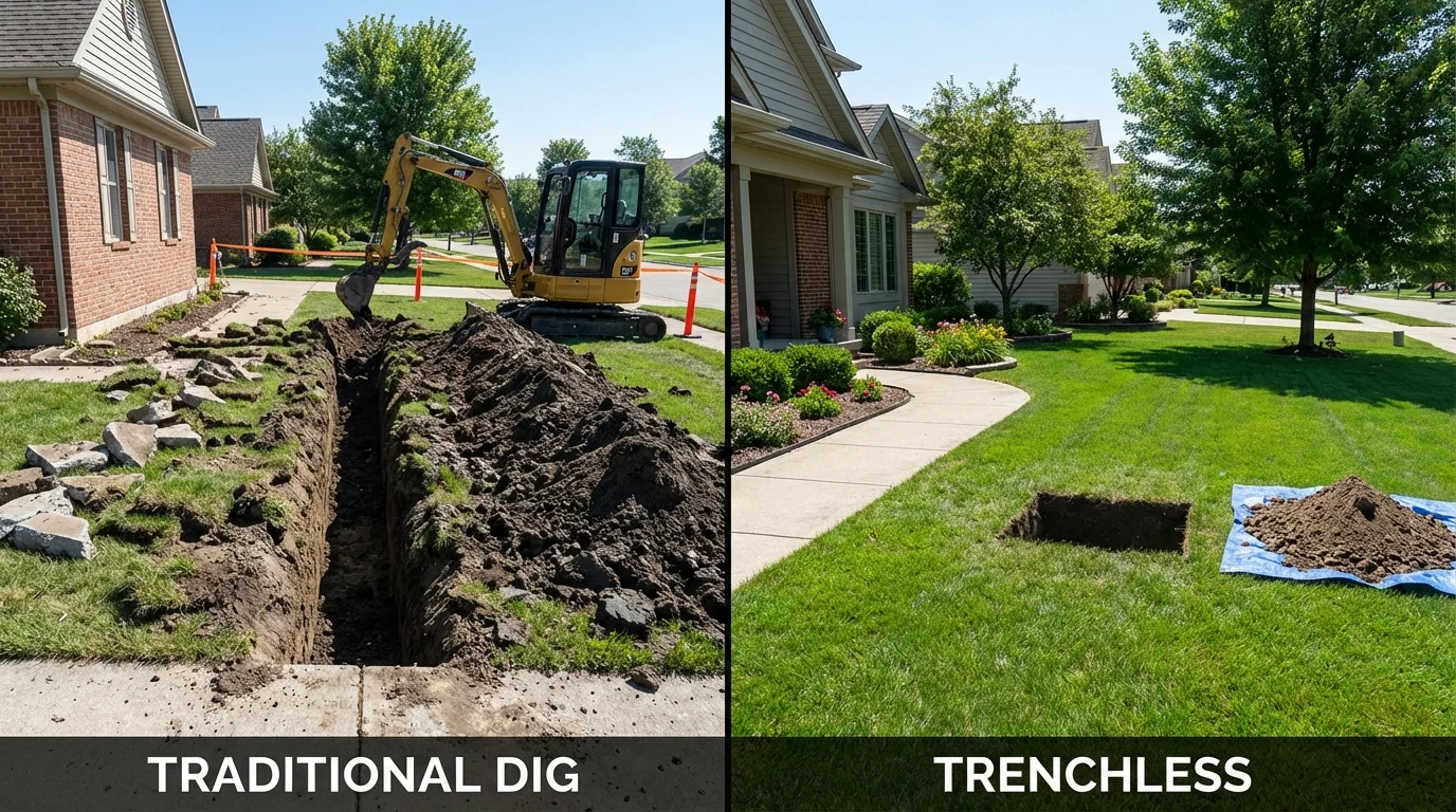 Trenchless sewer repair with minimal yard damage versus traditional excavation in Munford, AL